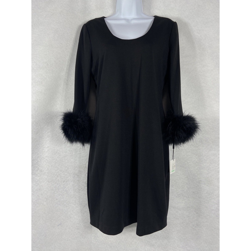 Calvin Klein Dress Women's 8 Black Sheath Stretch Ponte Fur Cuffed Sleeve NWT